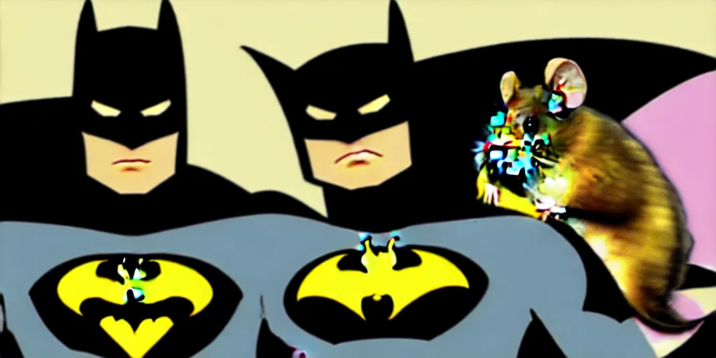 Image similar to Batman posing with a hamster, comic book style