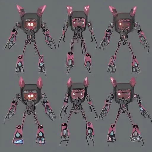 Image similar to character sheets for a friendly tripod vampire squid robot made of broken parts that loves cats and has an led screen face, inspired by splatoon by nintendo, art by tim schafers work on psychonauts 2 from double fine, anime, vhs distortions