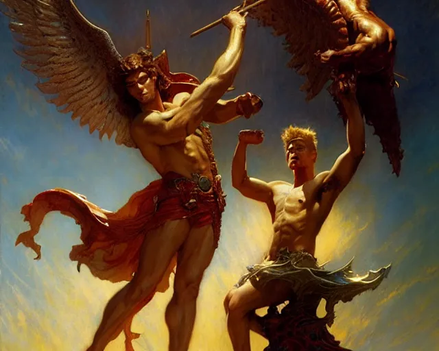 Image similar to monumental male deity, casting demonic magic, summoning handsome lucifer morning star. highly detailed painting by gaston bussiere, craig mullins, j. c. leyendecker 8 k