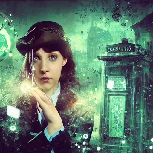 Image similar to portrait of a young female as sherlock Holmes with straight hair has an epic idea, intricate detail, digital painting, gears, watches, steampunk, glowing eye, biomechanical, trash polka, raining, faded green, particles floating, industrial background by marc simonetti + wlop, artwork by ross tran + ramond swanland + liam wong +mike winklemann + wlop