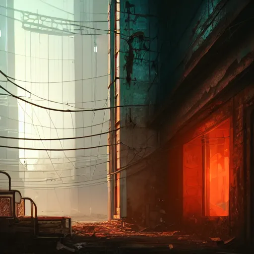 Image similar to One dilapidated building with only one window glowing. ArtStation, Cyberpunk, Vertical Symmetry, 8K, Highly Detailed, Intricate, Album Art.