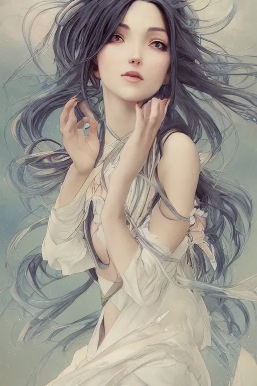 Image similar to full body windy hair zero gravity seductive meditation goddess in the style of artgerm, wlop, greg rutkowski, alphonse mucha and ayami kojima, realistic details, volumetric lighting, very very very very beautiful symmetrical face, trending on artstation, artstationhd, artstationhq, unreal engine, 4 k, 8 k