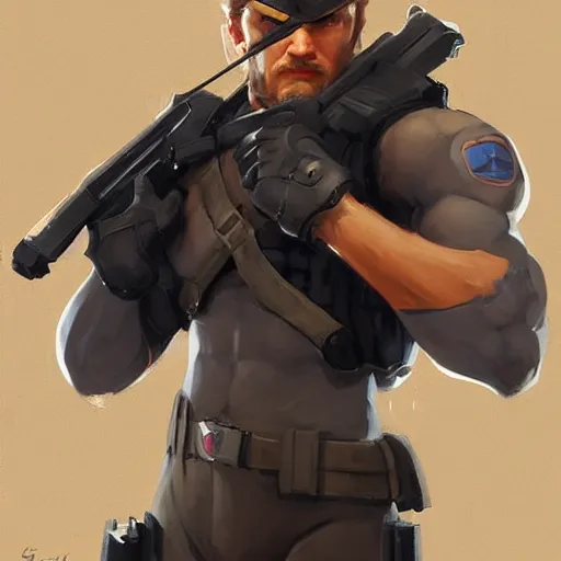 Image similar to greg manchess portrait painting of solid snake as overwatch character, medium shot, asymmetrical, profile picture, organic painting, sunny day, matte painting, bold shapes, hard edges, street art, trending on artstation, by huang guangjian and gil elvgren and sachin teng