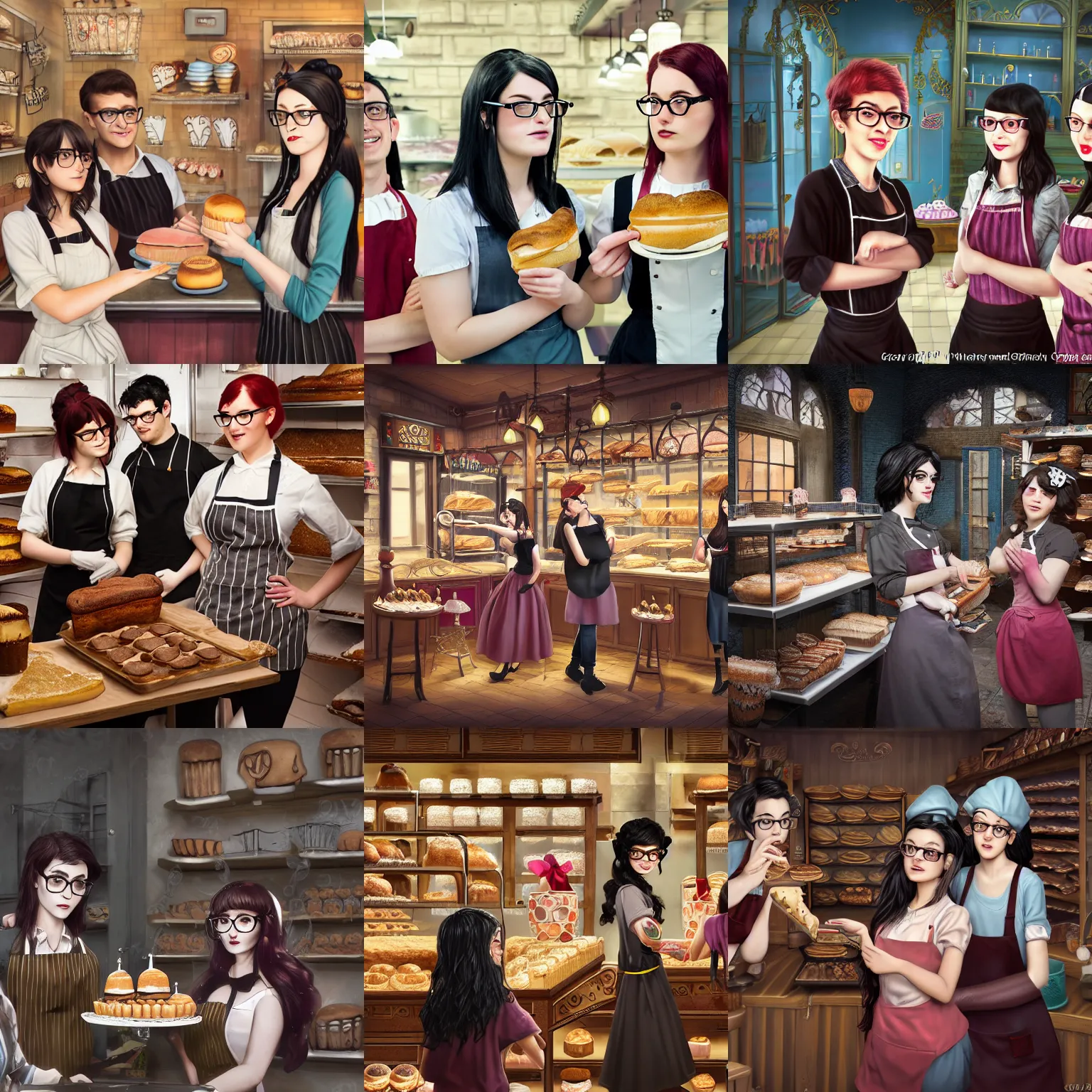 Prompt: Three young adults working in a magical bakery, one of the friends is a young man with glasses and black hair, the second friend is a beautiful young woman with brunette hair without glasses, the third friend is a cute goth girl with red hair without glasses, wide angle photography, highly detailed and intricate, fantasy bakery interior setting, high resolution photograph, cgsociety, trending on artstation, photo