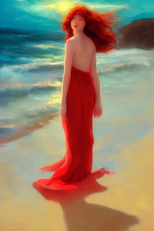 Image similar to a red haired young girl beach surreal, sunrise, dramatic light, impressionist painting, colorful clouds, digital painting, artstation, vittorio matteo corcos