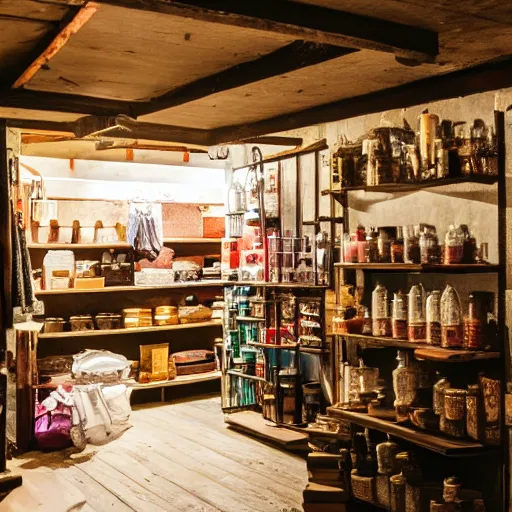 Image similar to a photo of a store in an attic, selling potions