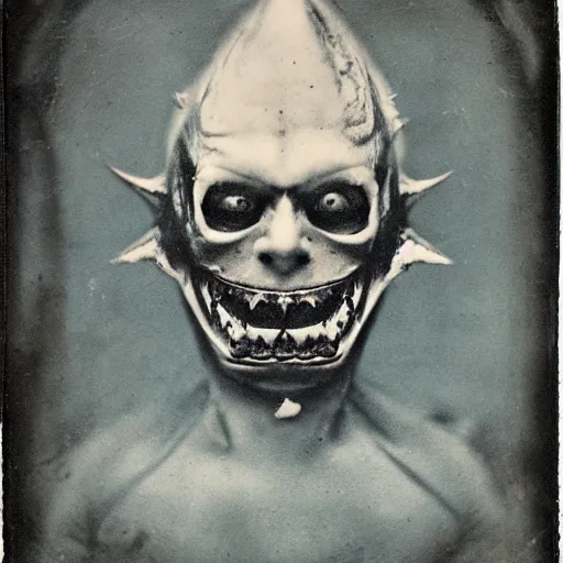 Image similar to demon human with shark jaws, with an evil grin. portrait, tintype, realistic. scary.