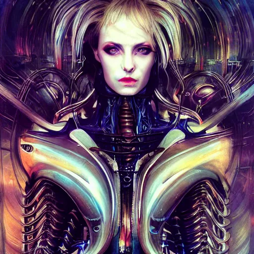 Image similar to a full body beautiful woman wearing a cyberpunk outfit by karol bak, ayami kojima, artgerm, sakimichan, hr giger, blue eyes, weapons, electronics, high tech, concept art, fantasy