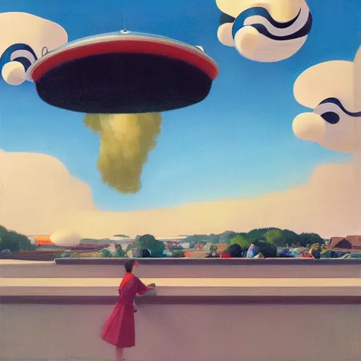 Image similar to Giant objects of amusement fly through the air, as a tornado approaches, by Takashi Murakami, Edward Hopper, Bo Bartlett, and Cynthia Sheppard, Artstation