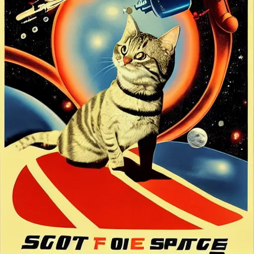 Prompt: a retro movie poster for sci - fi film about cats in space