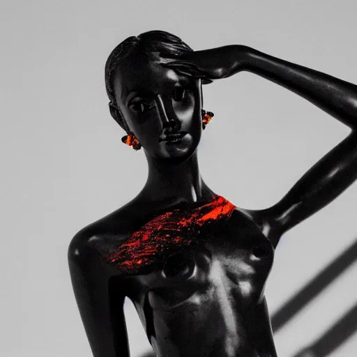 Prompt: dark black marble statue of a beautiful woman with colorful motocross logos in the style of virgil abloh, dark soft lighting, cinematic, very very beautiful, detailed, off white, heron preston, 8 k, 4 k, detailed, beautiful, symmetrical, vogue, editorial, fashion, magazine, museum lighting, night time, dark