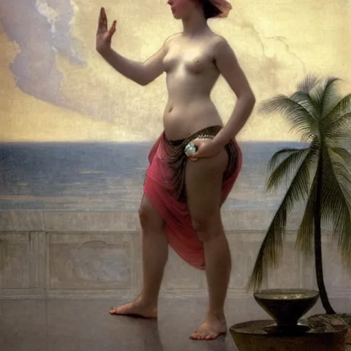 Image similar to Girl throwing gand signs at the palace, thunderstorm, pool, beach and palm trees on the background major arcana sky, by paul delaroche, alphonse mucha and arnold böcklin arnold böcklin hyperrealistic 8k, very detailed