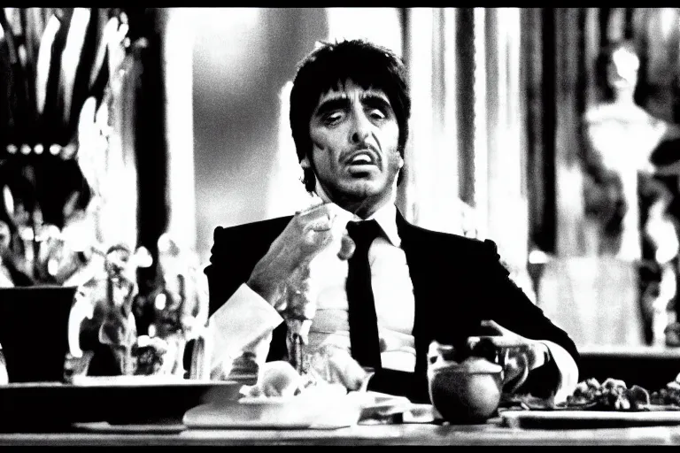 Image similar to tony montana from movie scarface 1 9 8 3 sitting behind a big black oak table with big large packages of flour. al pacino. perfect symmetric face, coherent eyes, medium shot, fine details, 4 k, ron cobb. last scene from scarface movie, bokeh