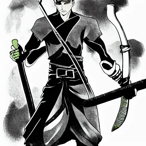 Prompt: roronoa zoro holding bananas instead of swords, black and white, manga art style