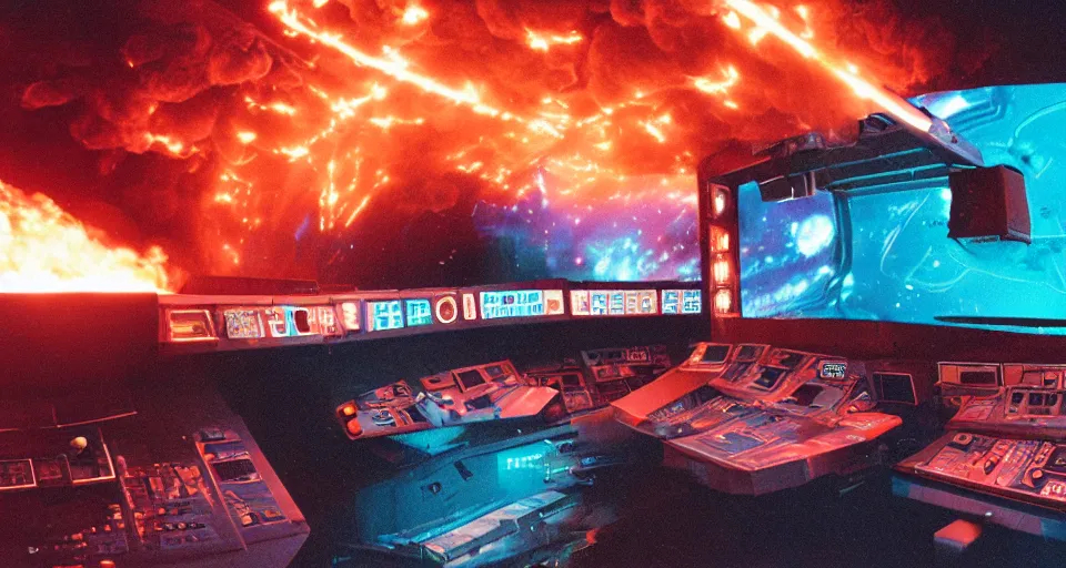 Image similar to Film still of the bridge of a space ship, large viewscreens, control panels, white plastic, black interface, metallic, soft orange and cyan highlights, burning fire, electric sparks, smoke, Cinestill colour cinematography, anamorphic