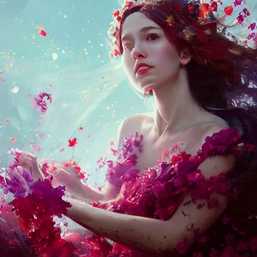 Prompt: faceless scarlet witch in a swirling sundress of flowers, floral explosion, radiant light, vortex of plum petals, oil painting, Tooth Wu, Greg Rutkowski, RPG portrait, dynamic lighting, fantasy art, High contrast, depth of field