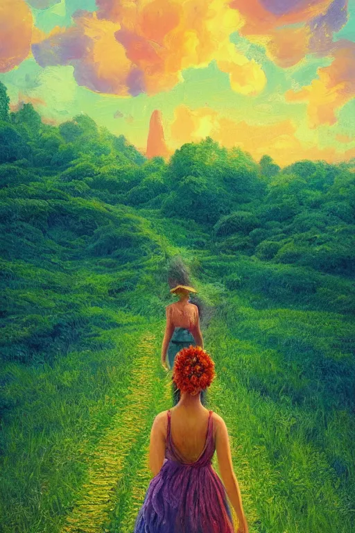 Image similar to giant corn flower head, girl walking in a green valley, surreal photography, sunrise, dramatic light, impressionist painting, colorful clouds, digital painting, artstation, simon stalenhag