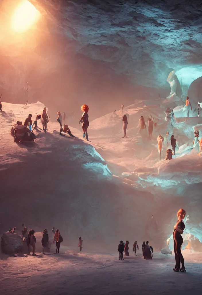 Image similar to epic leader pregnant woman talking to all her tribe with futuristic fluorescence, proud people looking at the pregnant woman, ice cave, facinating, fantasy digital art, octane render, beautiful composition, trending on artstation, coherent, masterpiece, photorealistic