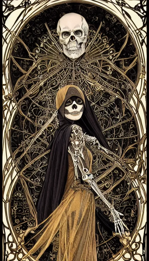 Image similar to a skeleton in a black cloak, highly detailed, very intricate, art nouveau, gold filigree, left right symmetry, tarot concept art watercolor illustration by mandy jurgens and alphonse mucha and alena aenami, featured on artstation