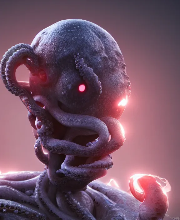 Image similar to a humanoid with an octopus head and man body with several glowing eyes, 4 k resolution, detailed, 3 d render, unreal engine, octane render, trending on artstation