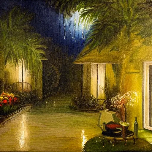 Image similar to a painting of rain in a garden at night