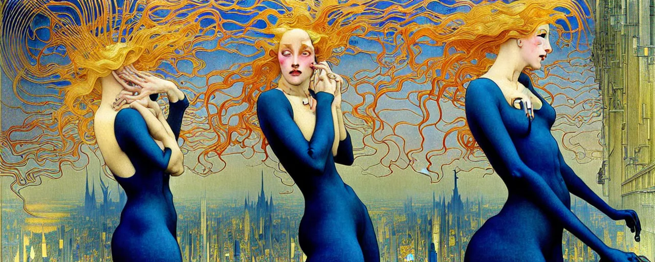 Image similar to realistic extremely detailed full length portrait painting of a girl with blond hair in a crowded modern alien city street by Jean Delville, Amano, Yves Tanguy, Alphonse Mucha, Ernst Haeckel, Edward Robert Hughes, Roger Dean, rich moody colours, blue eyes