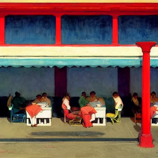 Image similar to a hawker centre, by edward hopper