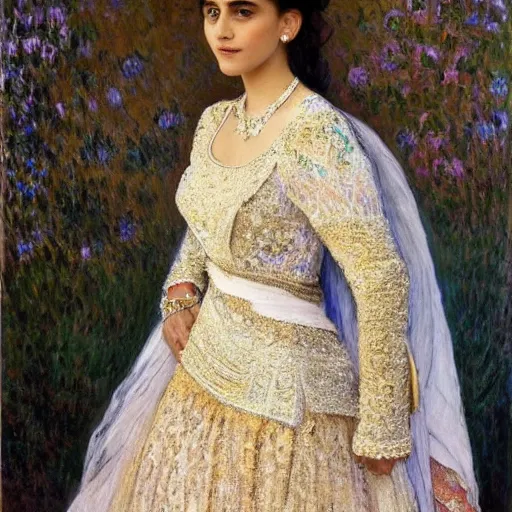 Prompt: full body portrait of a beautiful Kurdish bride wearing a beautiful wedding dress, very detailed eyes, hyperrealistic, beautiful and symmetrical face, very detailed painting by Claude Monet and Alphonse Mucha, ornate, trending on artstation, extremely high detail, incredibly intricate