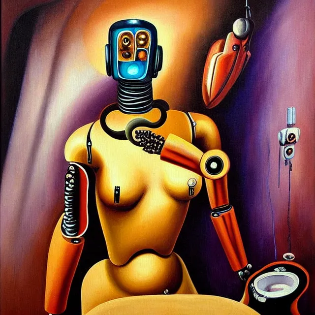 Prompt: a beautiful painting cyberpunk robot venus of milos, bathroom by salvador dali realistic oil painting