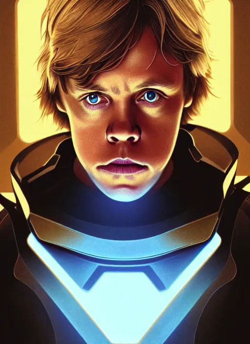 Image similar to symmetry!! portrait of young mark hamill, luke skywalker gold sci - fi armour, tech wear, glowing lights!! sci - fi, intricate, elegant, highly detailed, digital painting, artstation, concept art, smooth, sharp focus, illustration, art by artgerm and greg rutkowski and alphonse mucha