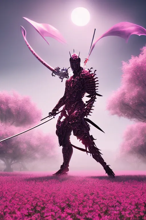 Image similar to illustration cinematic cyborg dragon holding katana in a field of pale pink flowers, highly detailed smooth digital art masterpiece, vitaly bulgarov dramatic light, ground angle uhd 8 k, sharp focus