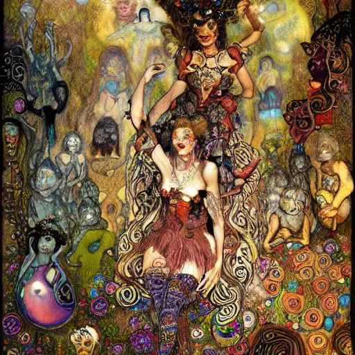 Image similar to princes of hell in alice in wonderland tripping on ayahuasca with faces in the background, intricate detail, painting, klimt, royo, frazetta, whealan,