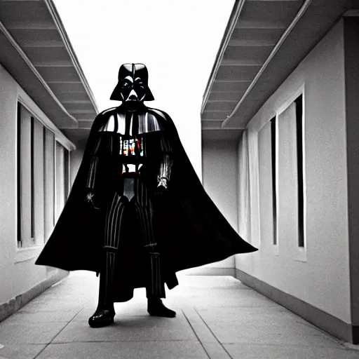 Prompt: darth vader is walking up the front walk of a chicago bungalow at night, menacing.