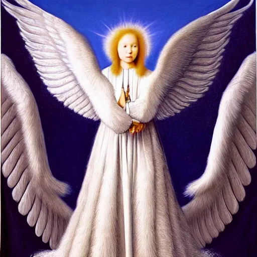 Image similar to highdetailed hyperrealistic painting of white angel!!! no gender!!!, giant ball of miracle light from the chest!!!!!, 4 k hd fur face!!!, big wings, by jan van eyck, holography space, white sparkles everywhere, thin strokes, white monochrome color!!!!!