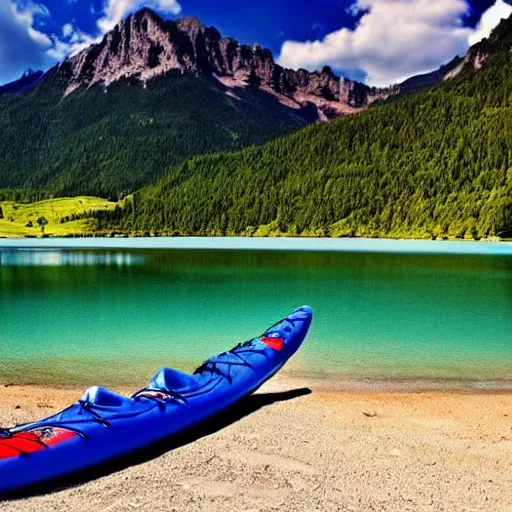 Image similar to a beautiful image of a breathtaking lake with amazing mountains in the background, there is a kayak in the foreground on the beach. landscape image