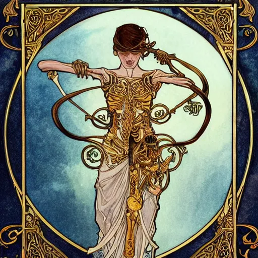 Prompt: skeleton with sickle, highly detailed, very intricate, art nouveau, gold filigree, tarot concept art watercolor illustration by mandy jurgens and alphonse mucha and alena aenami, featured on artstation