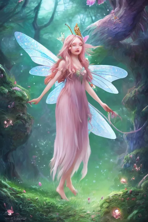 Image similar to a cute and geogerous fairy in the dreamy forest, fantasy, dreamlike, 8 k resolution, hyper detailed, d & d, character design, digital painting, trending on artstation, sharp focus, illustration, art by viktoria gavrilenko, hoang lap, fuji choko, steve zheng,