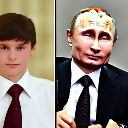 Image similar to putin teams up with a mysterious teenage putin, perfect faces