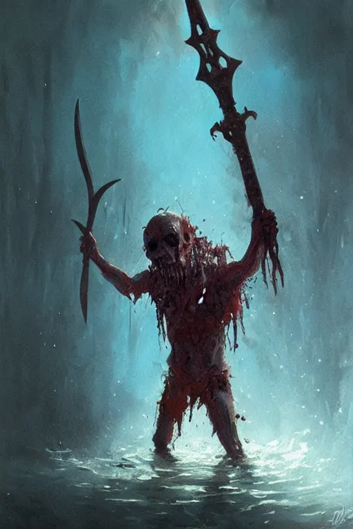 Image similar to painting by greg rutkowski of a drowned zombie with!! glowing cyan eyes!!, holding a trident, underwater