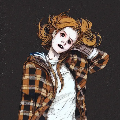 Image similar to highly detailed portrait of a sewer punk lady, tartan hoody, white ringlet hair by atey ghailan, by greg rutkowski, by greg tocchini, by james gilleard, by joe fenton, by kaethe butcher, gradient peach, brown, blonde cream and white color scheme, grunge aesthetic!!! ( ( graffiti tag wall background ) )