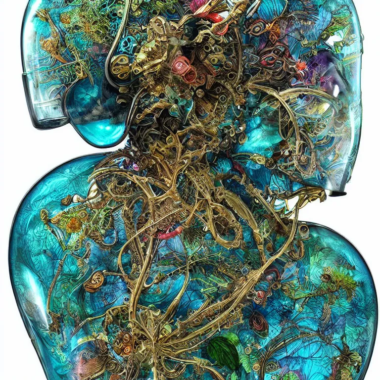 Prompt: cinema 4d colorful render, organic, ultra detailed, of a painted realistic glass helmet, scratched. biomechanical cyborg, analog, macro lens, beautiful natural soft rim light, big leaves, winged insects and stems, roots, fine foliage lace, turquoise gold details, Alexander Mcqueen high fashion haute couture, art nouveau fashion embroidered, intricate details, mesh wire, mandelbrot fractal, anatomical, facial muscles, cable wires, elegant, hyper realistic, in front of dark flower pattern wallpaper, ultra detailed, 8k post-production