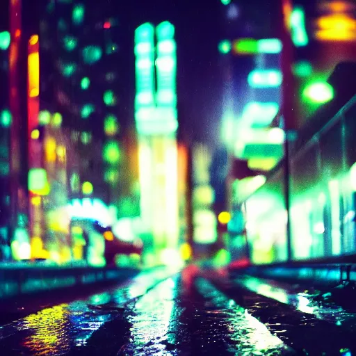 Prompt: rainy cyberpunk city street, neon lights, night time, dark, cinematic lighting, bokeh