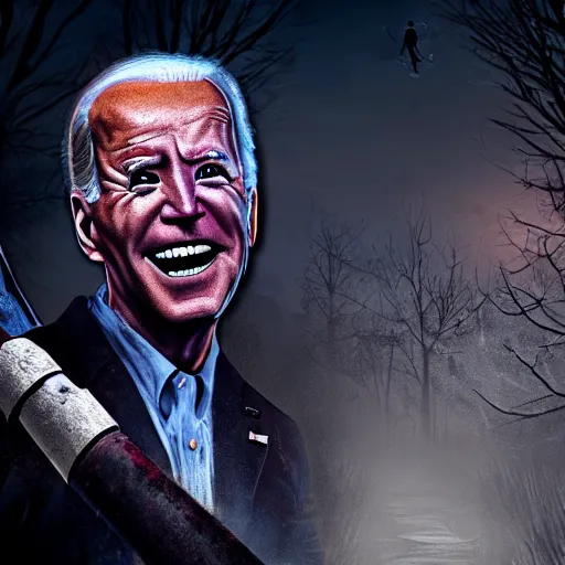 Image similar to joe biden as a killer in dead by daylight, 4 k, hyper realistic, dslr, high resolution, landscape, beautiful