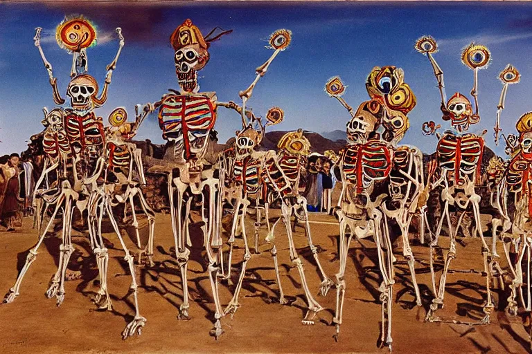 Prompt: tibetan skeleton dance in sacred ceremony, salvador dali