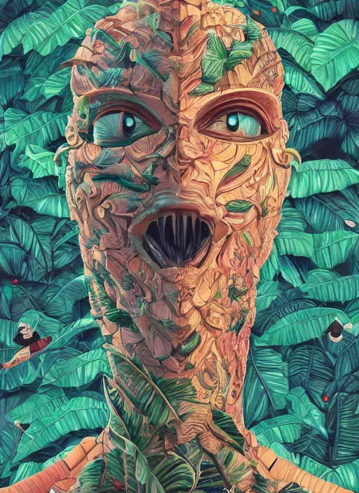 Image similar to gigantic robot head, a lot of exotic vegetation, trees, flowers by junji ito, tristan eaton, victo ngai, artgerm, rhads, ross draws, hyperrealism, intricate detailed