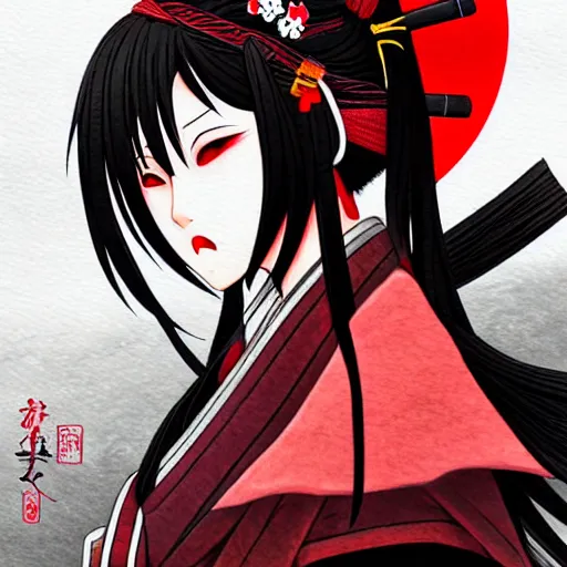Image similar to beautiful seductive female samurai, in the rain, highly detailed, painting, dark red and black color palette, intricate, high quality, anime artstyle, in the style of sana takeda