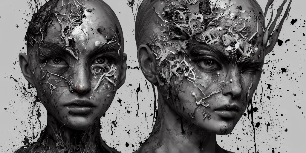 Image similar to hyperrealistic splatterpunk photography of a highly detailed and symmetrical gorgeous cyborg nymph awash in a sea of black soot in the style of beth cavener, jin kagetsu, james jean and wlop, highly detailed, face symmetry, masterpiece, award - winning, sharp focus, intricate concept art, ambient lighting, 8 k, artstation