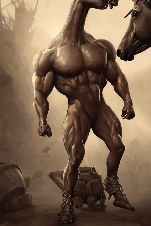 Prompt: splash art of a monstrously buff and muscular anthropomorphic horse at a research facility of experimental combat troopers, experimental tight bodysuit, leather clothes, full body, highly detailed, digital painting, trending on artstation, concept art, sharp smooth focus, illustration, art by artgerm and greg rutkowski and alphonse mucha