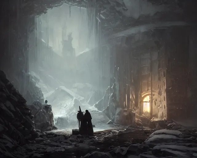 Image similar to frostpunk president of poland opens a dark portal. fantasy art by greg rutkowski, gustave courbet, rosa bonheur, edward hopper. faithfully depicted architecture, realistic, sharp focus, global illumination, radiant light, detailed and intricate environment, trending on artstation