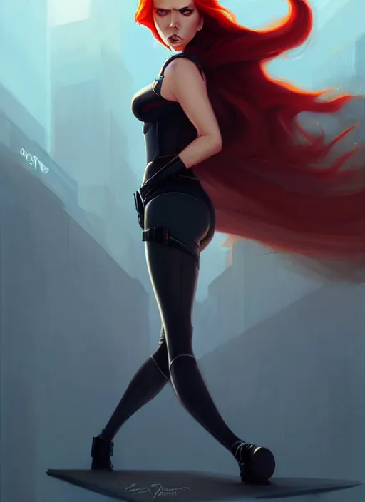 Image similar to peter mohrbacher, phil noto, artgerm, pretty scarlett johansson black widow, symmetrical eyes, long red hair, full body, city rooftop